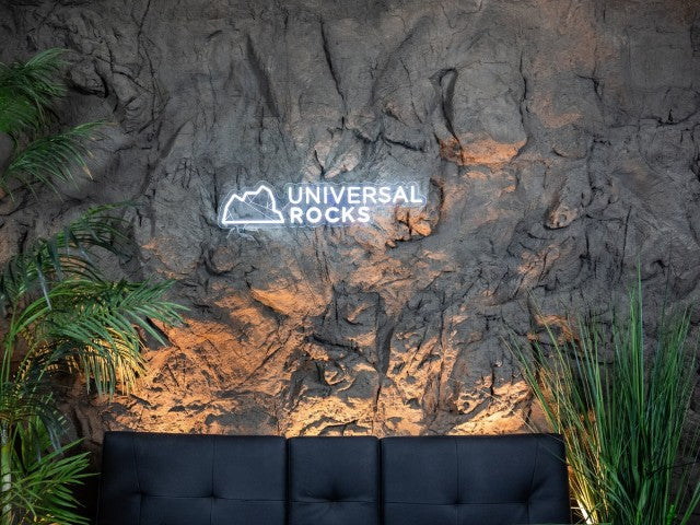 Cavern Rock Wall Panel Mounted to Wall Behind Black Couch. Accent Plants Cover sides of couch