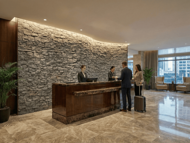 A Hotel Lobby and Reception Desk. Behind the Desk, The Large Cobblestone Panel is used to cover the slow curving wall