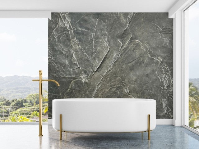 A Modern Bathroom and Bathtub with large windows, and the Slate Wall Panel Behind the Tub